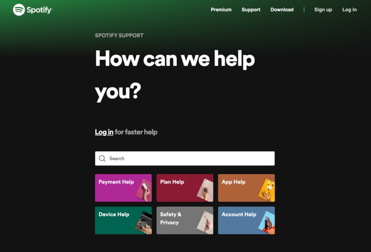 A homepage of the knowledge base from Spotify