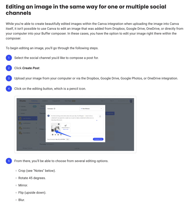 The middle part of the knowledge base article from Buffer about editing your images.