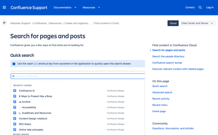 Confluence Cloud's reading recommendations as one of the best knowledge base examples